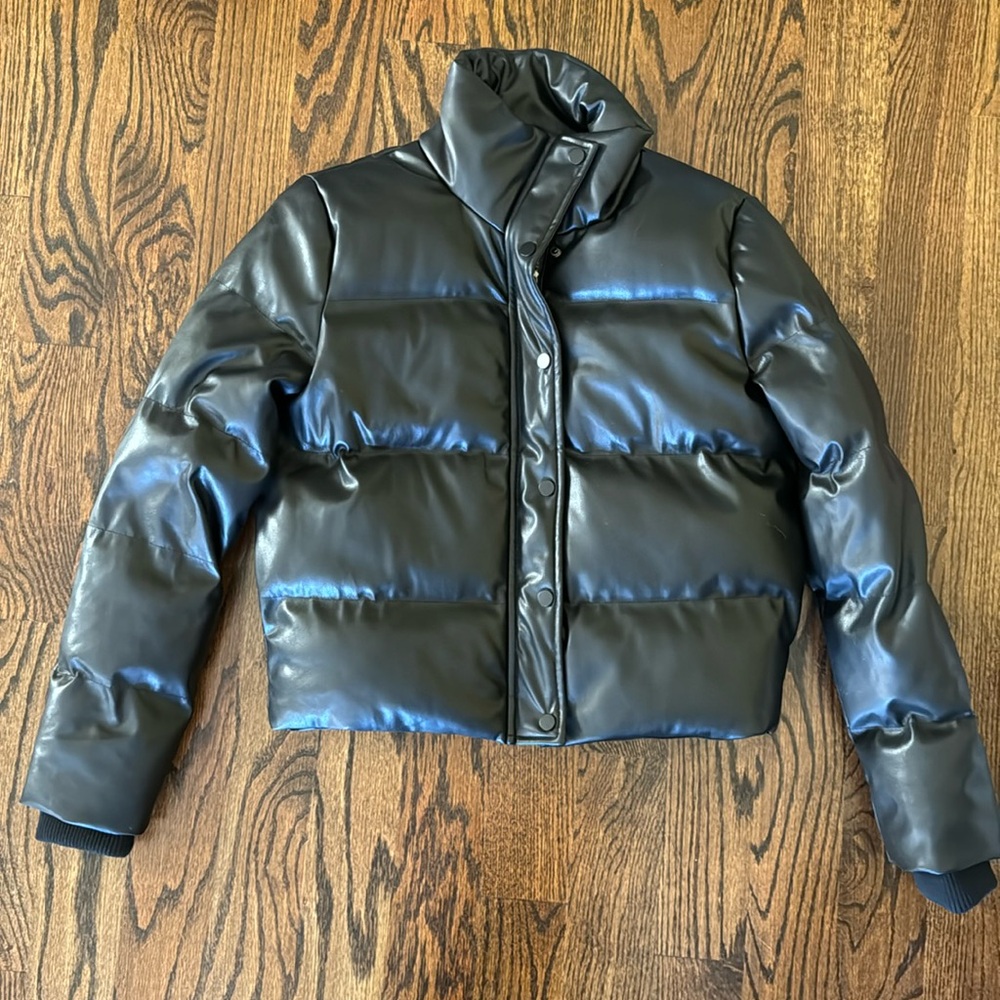 DELUC Faux Leather Black Puffer Jacket